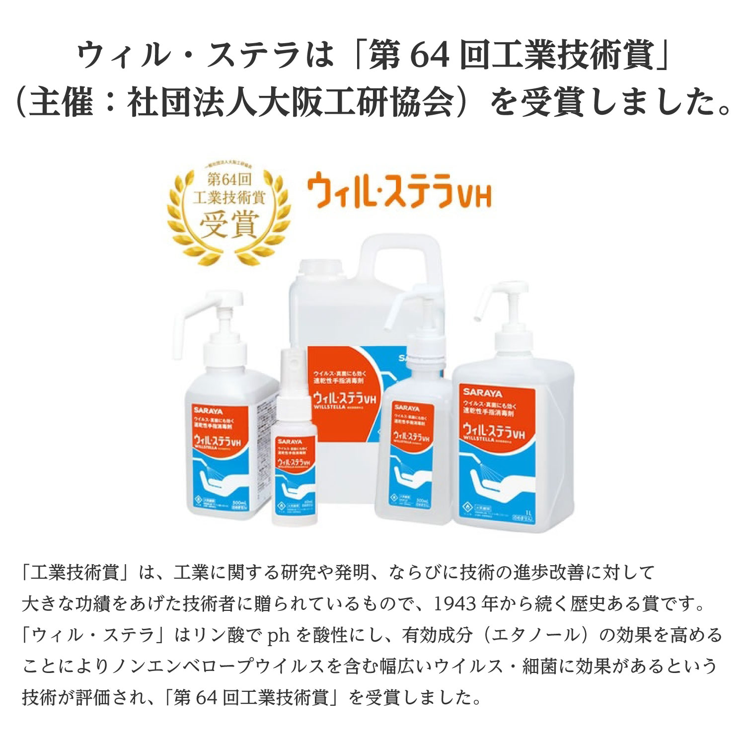 速乾性手指消毒剤 ウィル・ステラVH 500mL角 噴射ポンプ付 一般用