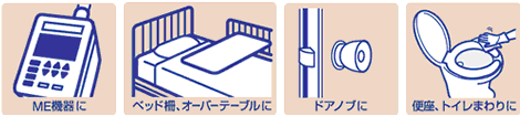ME機器などに/ベッド柵、オーバーテーブルに/ドアノブなどに/便座、トイレまわりに