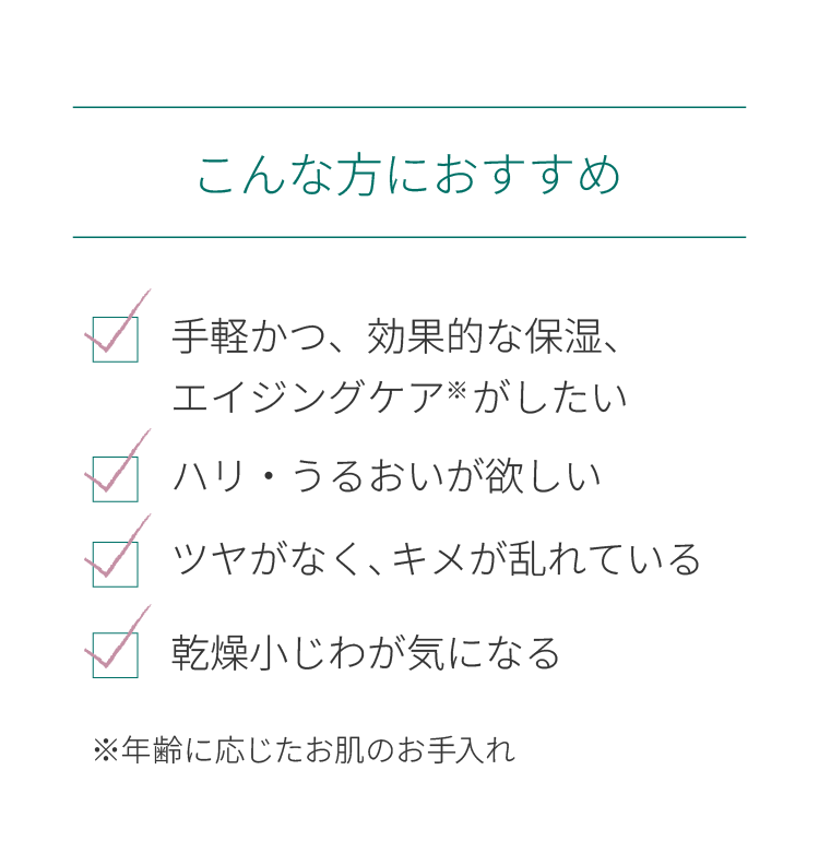 こんな方におすすめ。手軽かつ、効果的な保湿、エイジングケアがしたい。ハリ・うるおいが欲しい。ツヤがなく、キメが乱れている。乾燥小じわが気になる。