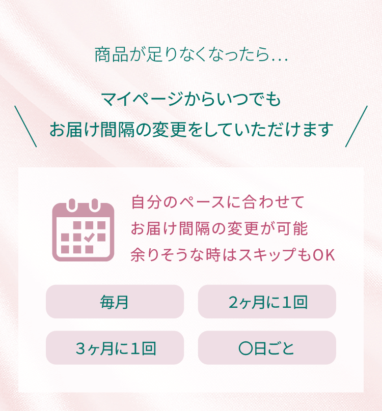 商品が足りなくなったら…マイページからいつでもお届け間隔の変更をしていただけます。自分のペースに合わせてお届け間隔の変更が可能。余りそうな時はスキップもOK
