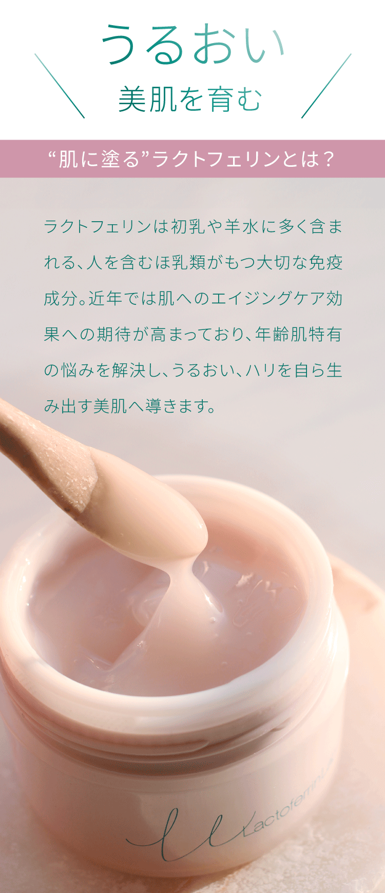 ラクトフェリンは初乳や羊水に多く含まれる、人を含むほ乳類がもつ大切な免疫成分。近年では肌へのエイジングケア効果への期待が高まっており、年齢肌特有の悩みを解決し、うるおい、ハリを自ら生み出す美肌へ導きます。
