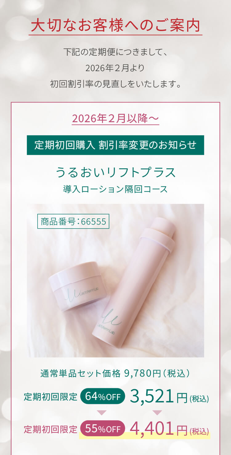 大切なお客様へのご案内。下記の定期便につきまして、2026年２月より初回割引率の見直しをいたします。うるおいリフトプラス導入ローション隔回コース 定期初回限定64%OFF3,521円（税込）→55%OFF4,401円（税込）