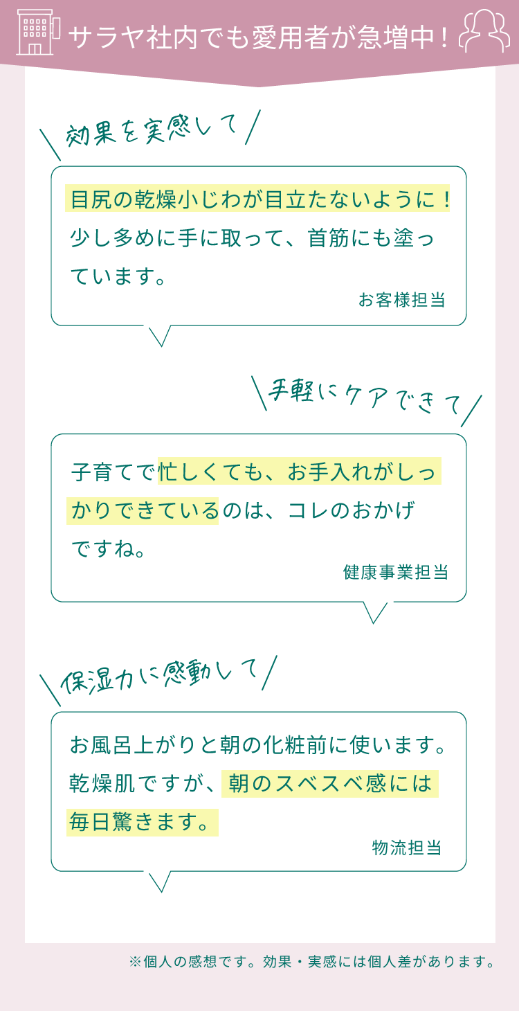 サラヤ社内でも愛用者が急増中！目尻の乾燥小じわが目立たないように！少し多めに手に取って、首筋にも塗っています。（お客様担当）子育てで忙しくても、お手入れがしっかりできているのは、コレのおかげですね。（健康事業担当）お風呂上がりと朝の化粧前に使います。乾燥肌ですが、朝のスベスベ感には毎日驚きます。（物流担当）