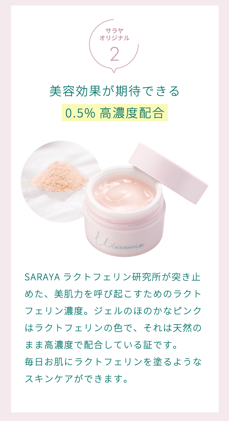「美容効果が期待できる0.5%高濃度配合」SARAYAラクトフェリン研究所が突き止めた、美肌力を呼び起こすためのラクトフェリン濃度。ジェルのほのかなピンクはラクトフェリンの色で、それは天然のまま高濃度で配合している証です。毎日お肌にラクトフェリンを塗るようなスキンケアができます。