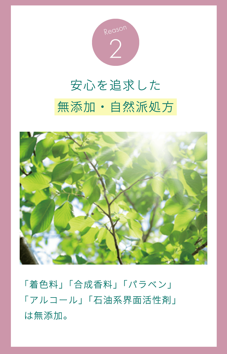 理由2：安心を追求した無添加・自然派処方。「着色料」「合成香料」「パラベン」「アルコール」「石油系界面活性剤」は無添加。