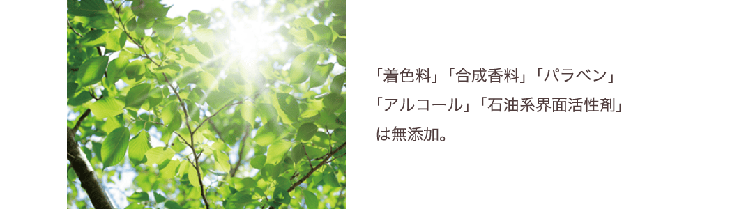 「着色料」「合成香料」「パラベン」「アルコール」「石油系界面活性剤」は無添加。