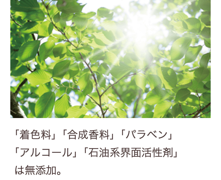 「着色料」「合成香料」「パラベン」「アルコール」「石油系界面活性剤」は無添加。