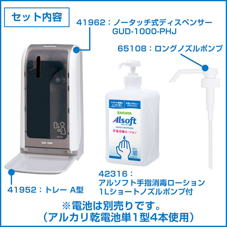 【手指消毒ローションノータッチセット】GUD-1000-PHJ + 手指消毒剤アルソフト1L + トレーA型 + 専用ポンプ