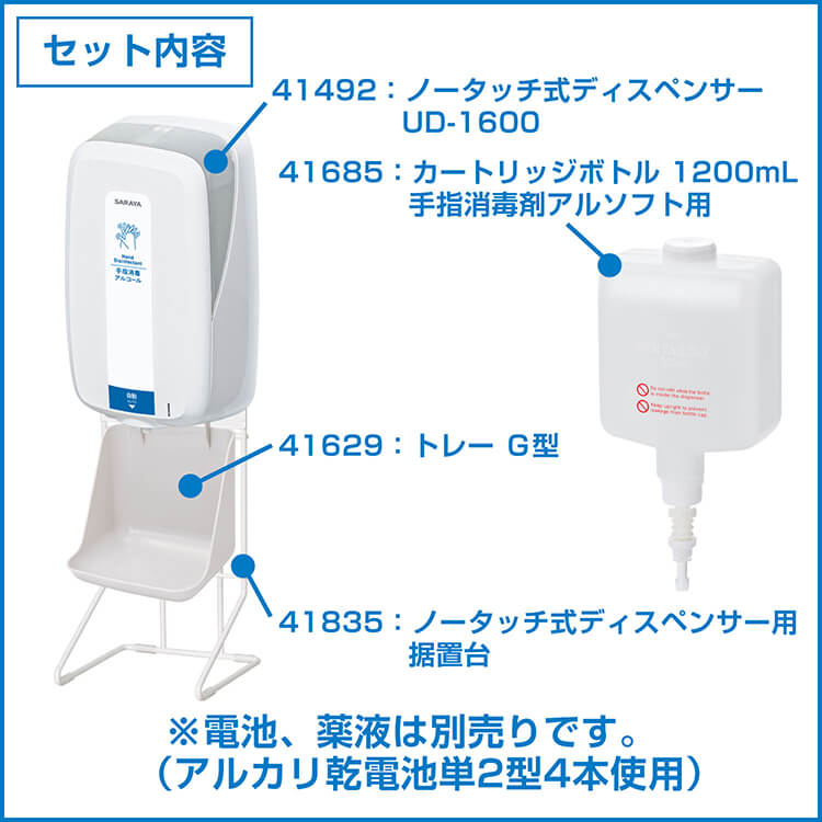 【手指消毒用大容量ディスペンサーセット】UD-1600 + 据置台 + トレーG型 + ローション用空ボトル