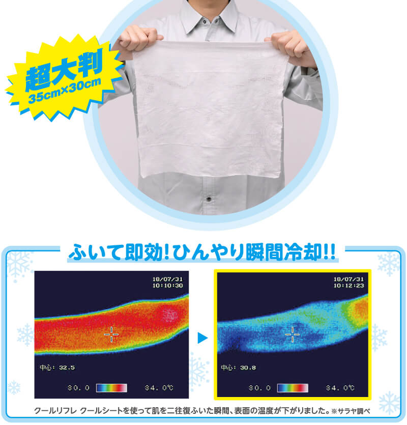 35cm×30cmの超大判サイズなので、1枚で全身冷却可能！